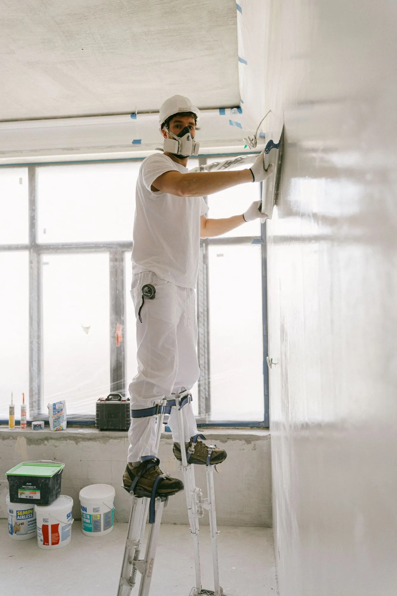 Artisan préparant les murs d'un appartement en rénovation